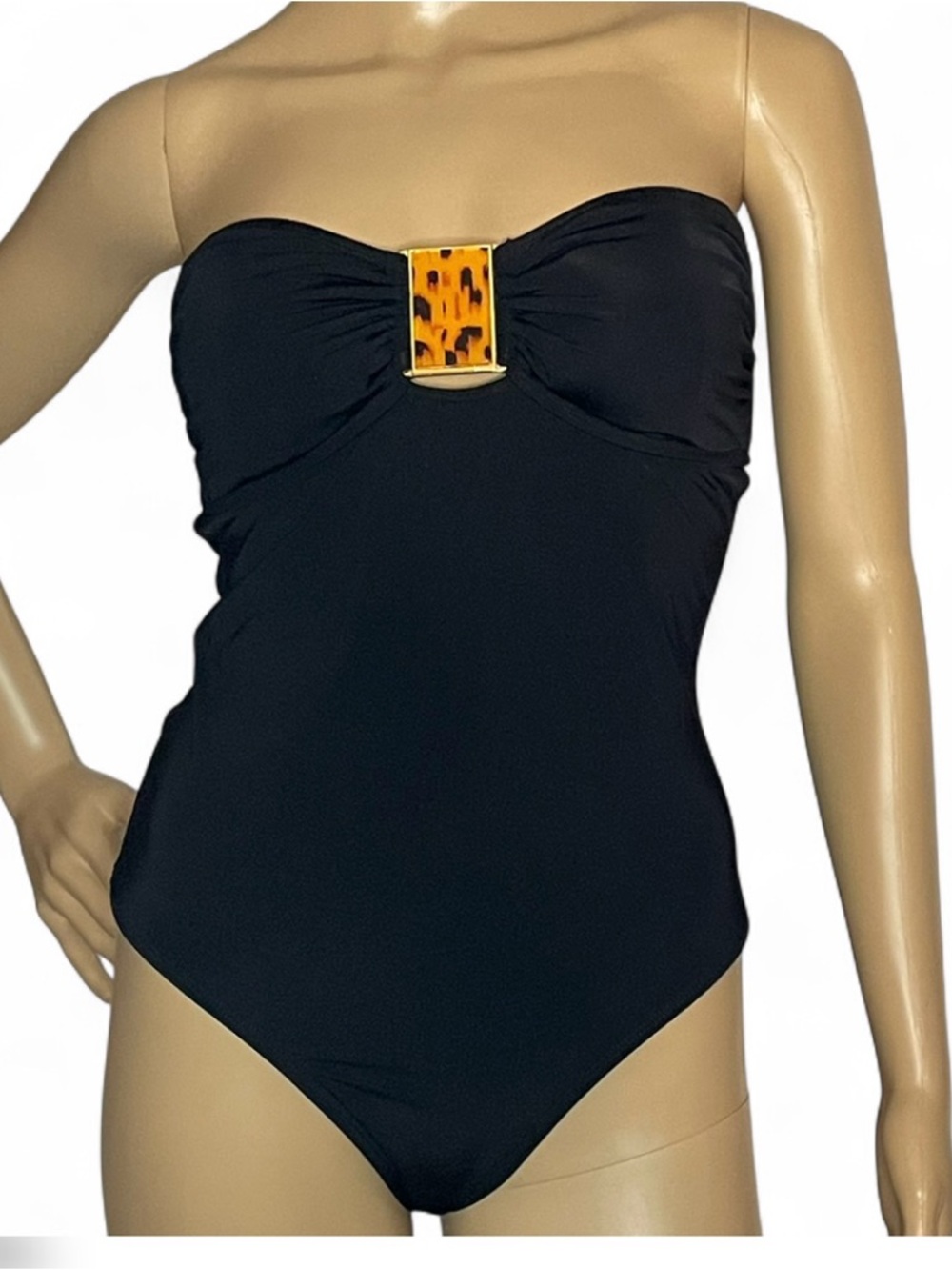 Hermanny Strapless Black One-Piece Swimsuit with Tortoiseshell Accent